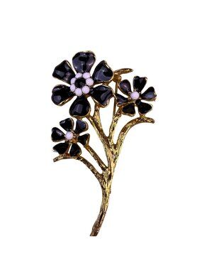 Catherine Stein Women Gold Tone Black Enamel Flower Bouquet Pin Brooch In Box